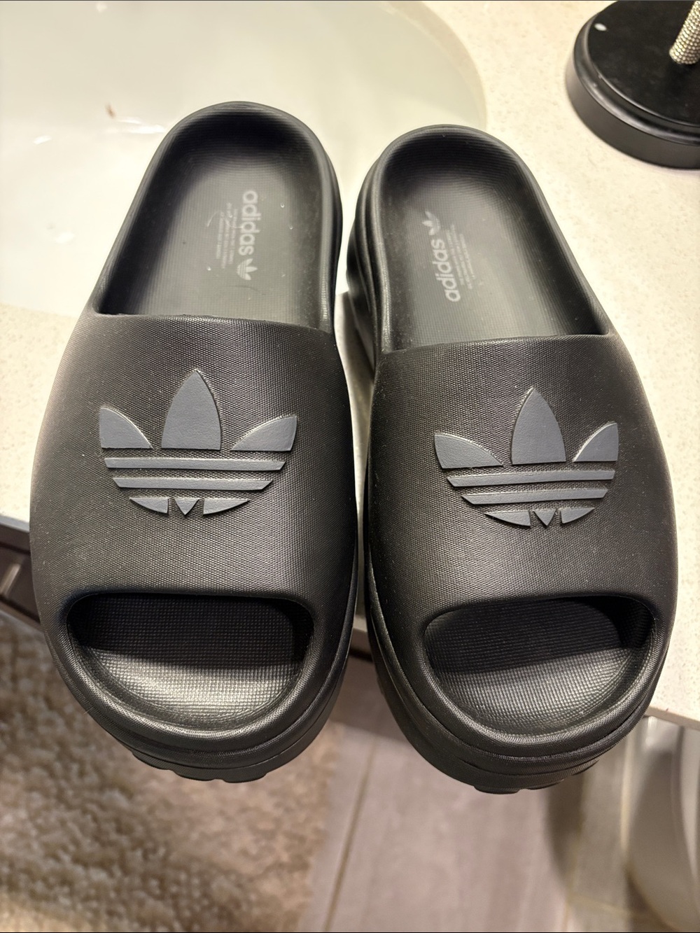 adidas Black Trefoil Slide Sandals unisex.